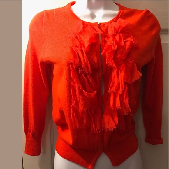 J.CREW Merino 100% Wool Lili Ruffle Chiffon Cardigan Sweater Vibrant Orange Knit - Picture 9 of 10